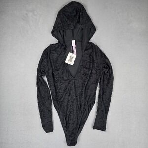 Savage X Fenty Bodysuit Sheer Women Medium Black Lace Floral Hooded Long Sleeves